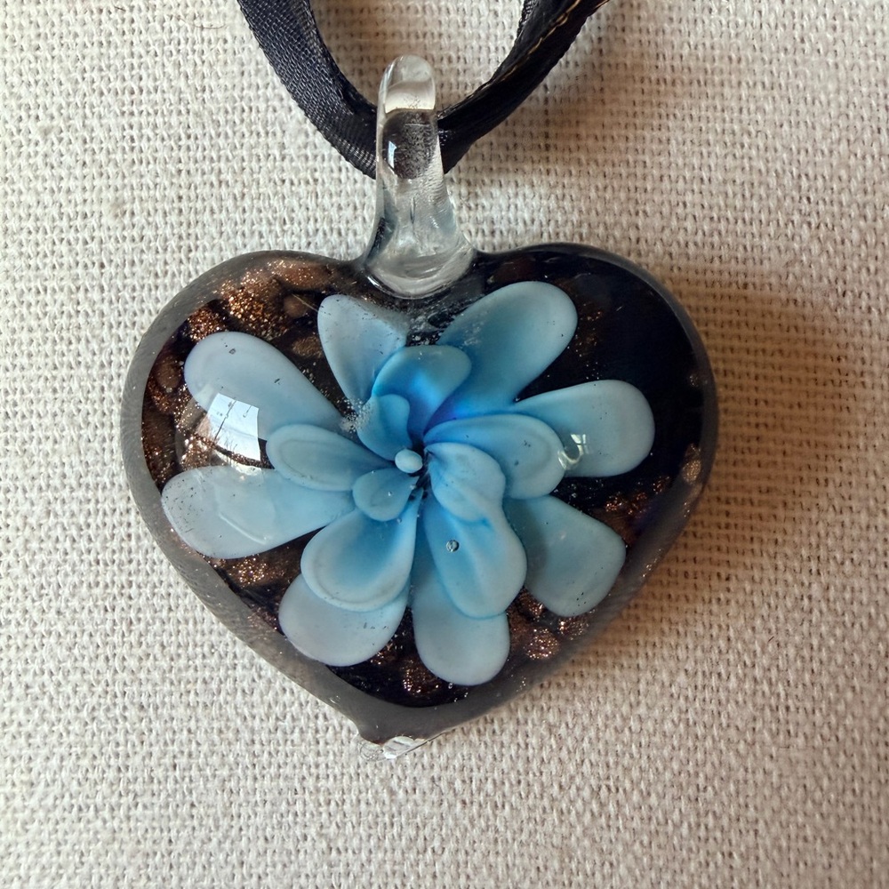 Murano-style Glass Heart Pendant Blue Flower with Black and Gold Accents